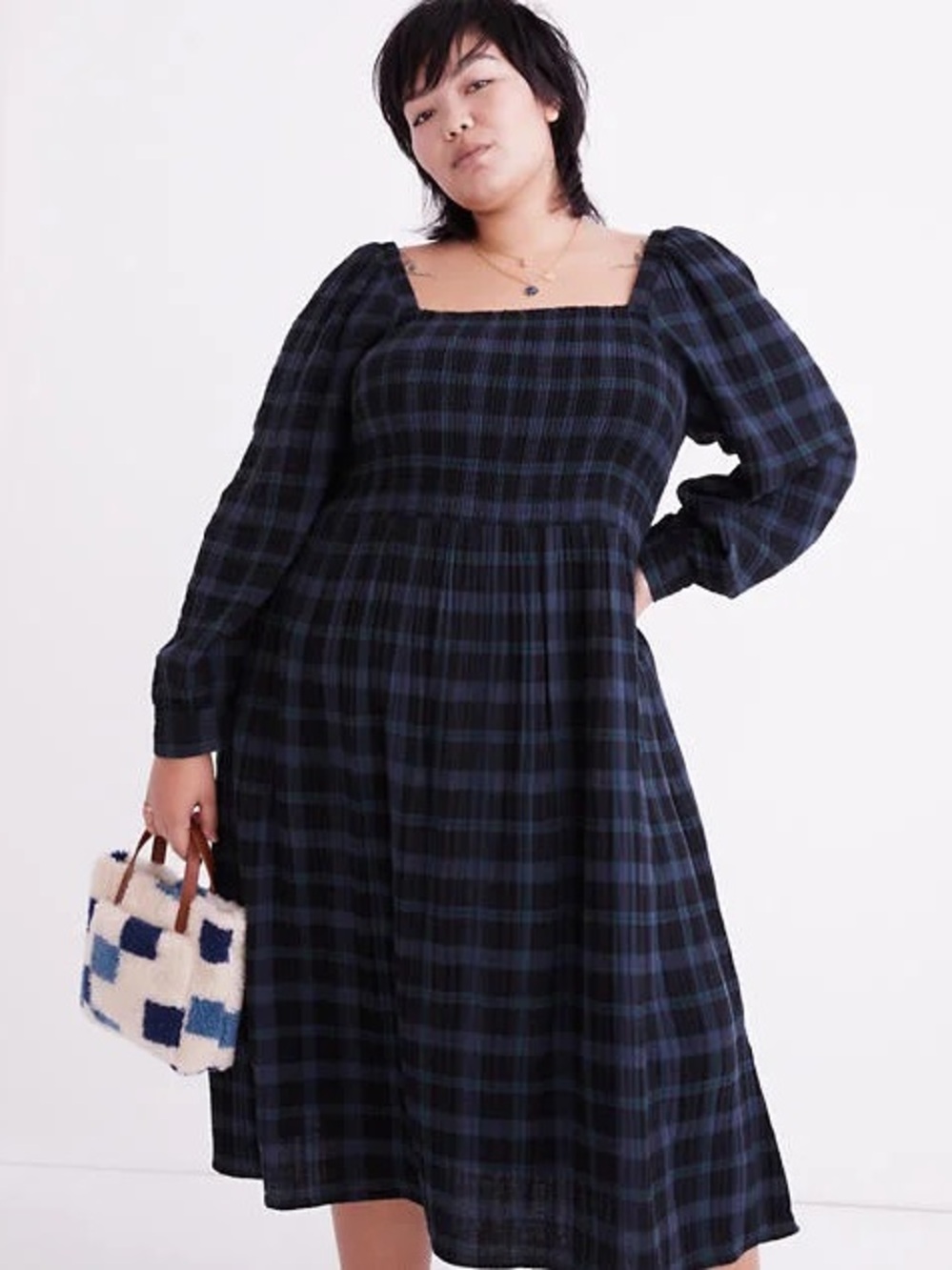 Madewell Lightspun Lucie Long-Sleeve Smocked Midi Dress in Dark Baltic